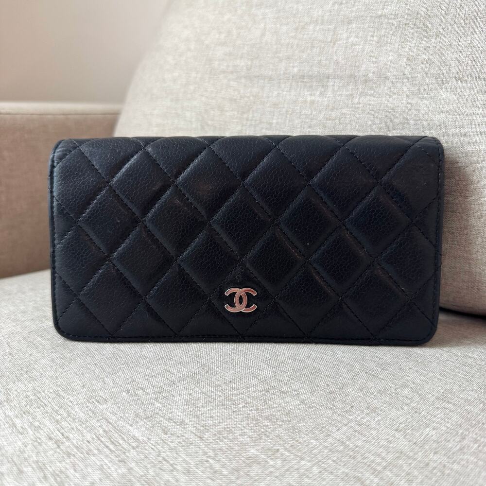 Chanel Black L Yen Wallet Caviar Quilted Lambskin Two Fold Long Continental